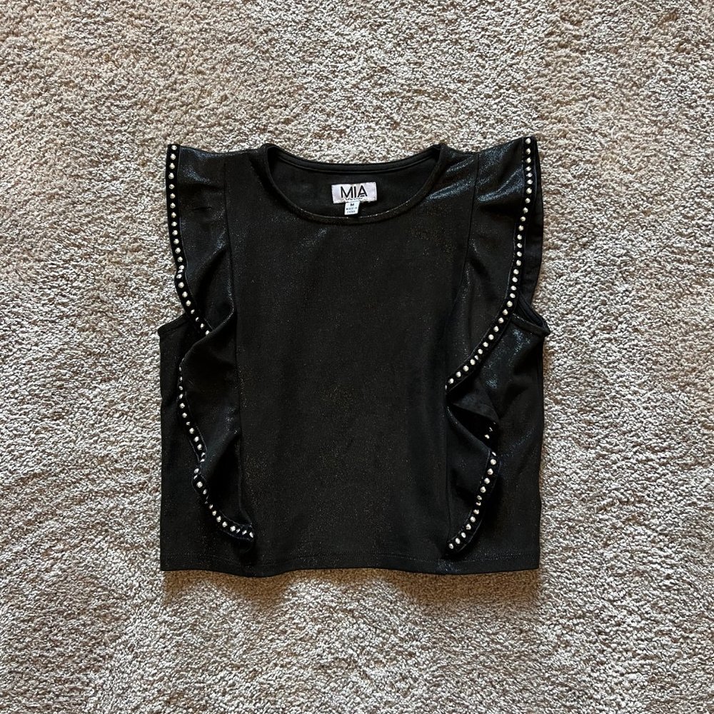 MIA New York Black metallic girls M tank with silver beaded accents